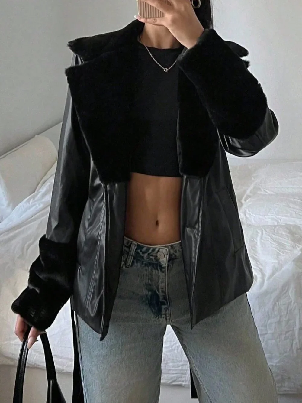 Black contemporary Women's Long Sleeve belted faux leather fur trim Jacket - Picture 4 of 7